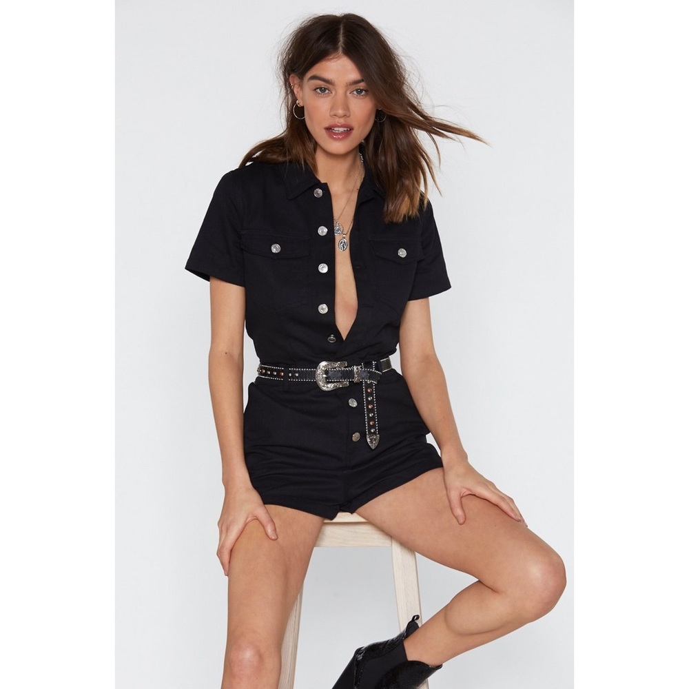 Bow Button-Down Denim Romper Promotions